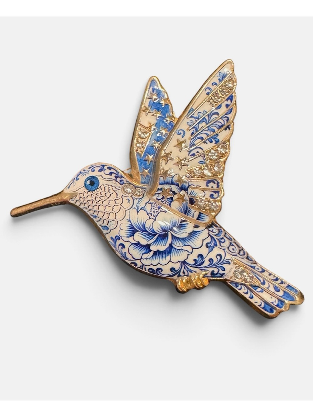 Chinoiserie Blue White Enamel Hummingbird Floral Gold Tone Bird Statement Brooch